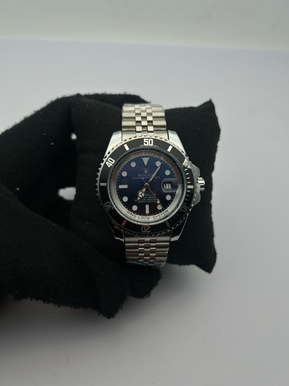 RX SEA ACERO PLATEADO/TRENZADO CARA NEGRA/AZUL BISEL NEGRO