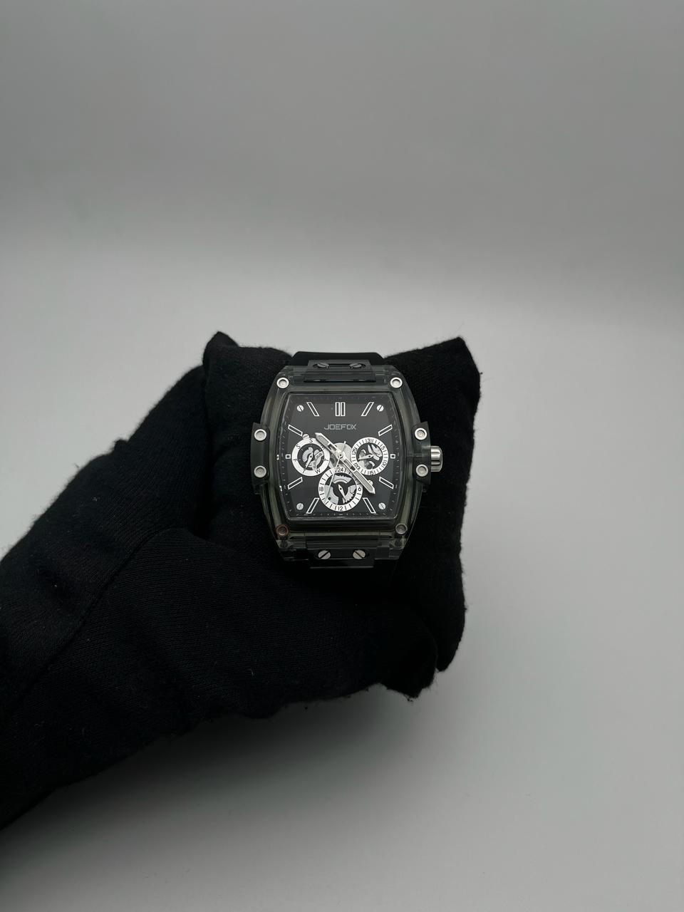 JOEFOX GOMA/NEGRO CARA/NEGRA/PLATEADA/3 CRONOS BISEL/TRANSPARENTE